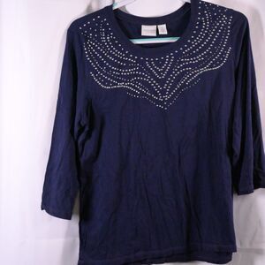 Weekends by Chicos 2 Womens 12 Navy BLue 3/4‎ Sleeve Bedazzled Blouse Top Shirt